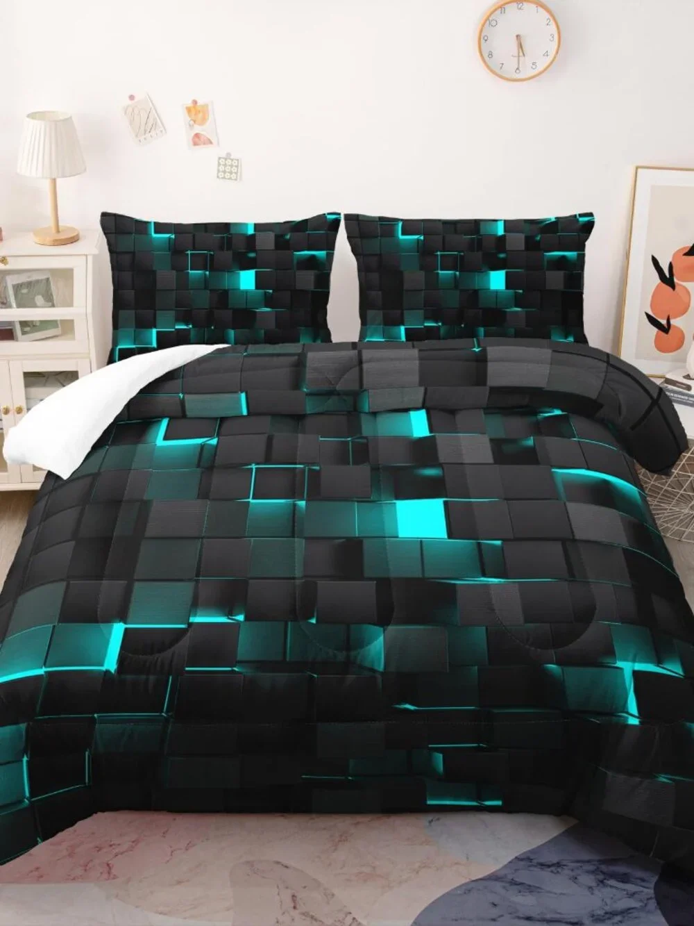 Geometric Turquoise Black King Size Comforter Set 1 Comforter 2 Pillowcases
